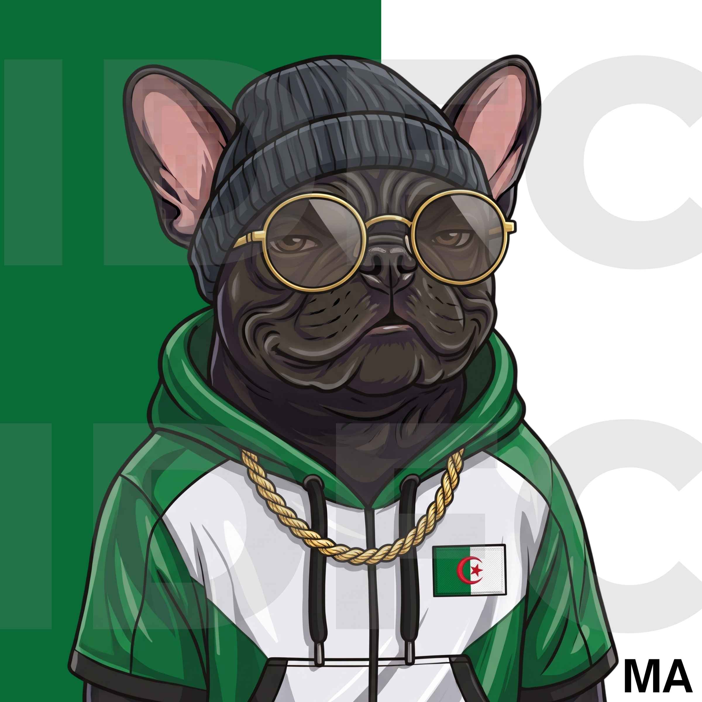 The Desert Fox, a French bulldog in Algeria-inspired clothing