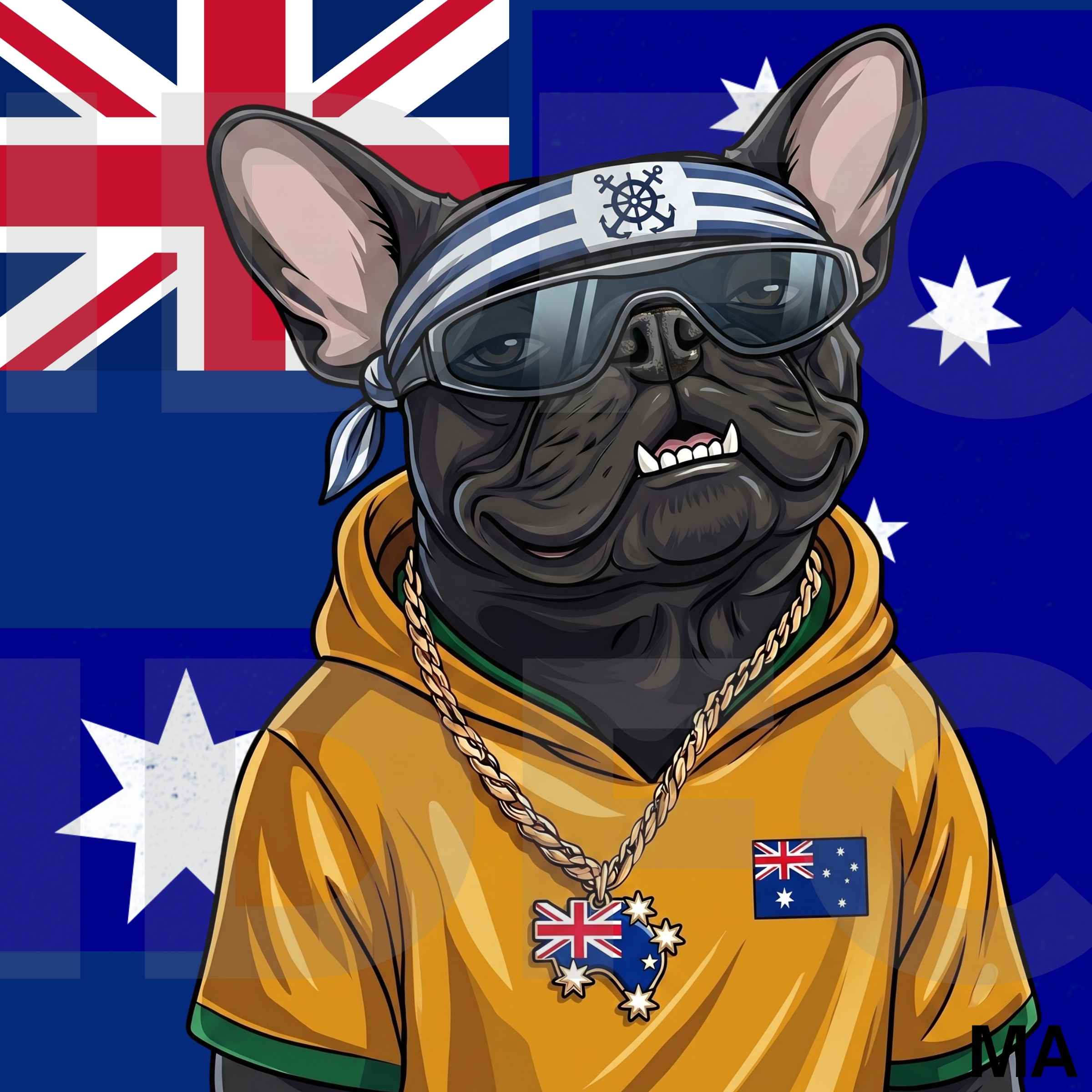 The Outback Boss, a French bulldog in Australia-inspired clothing