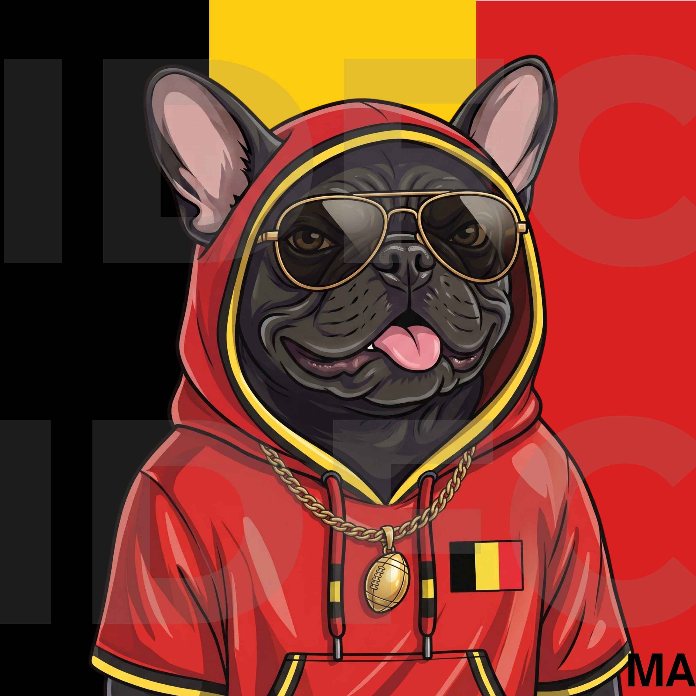 Le Diable Rouge, a French bulldog in Belgium II-inspired clothing
