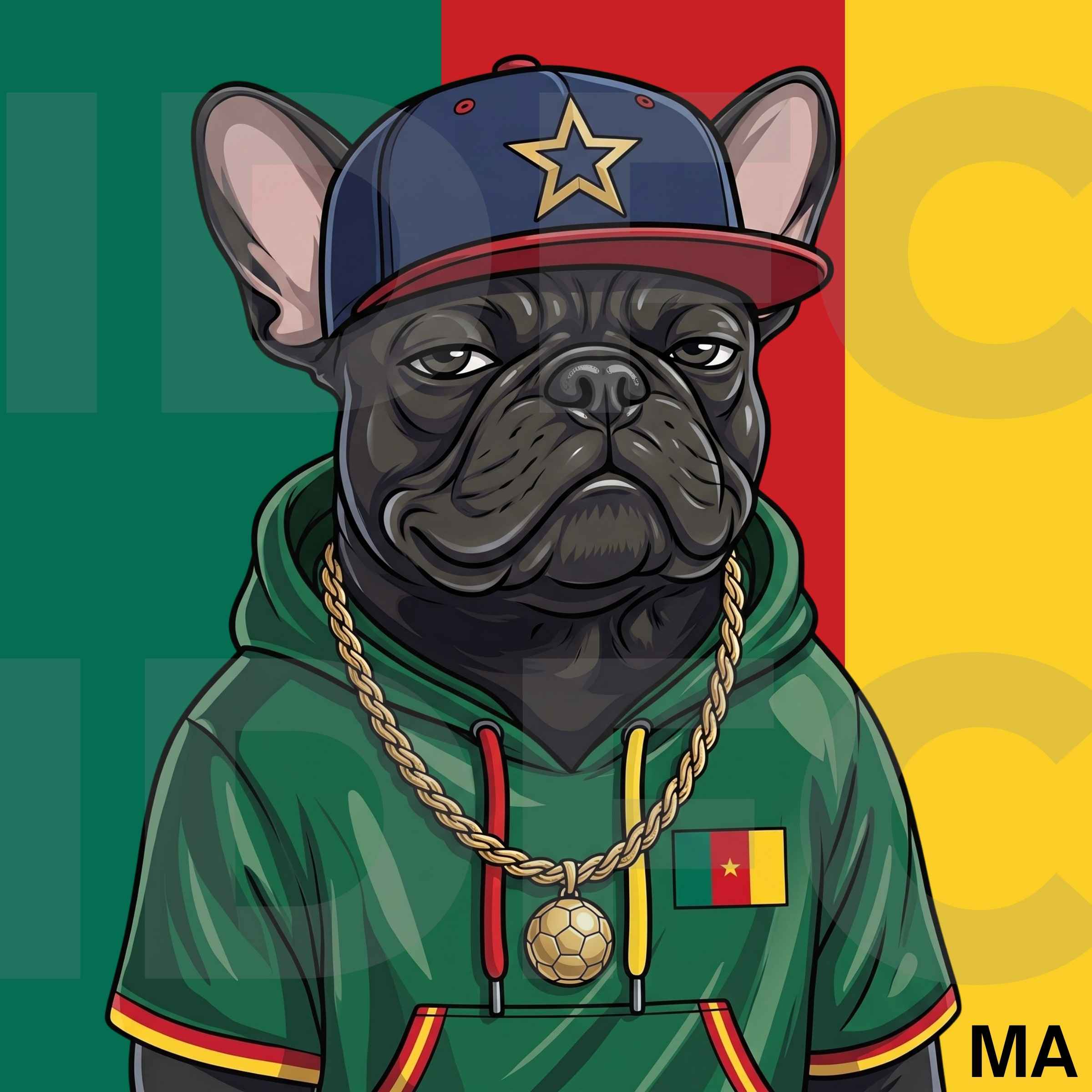 The Indomitable, a French bulldog in Cameroon-inspired clothing