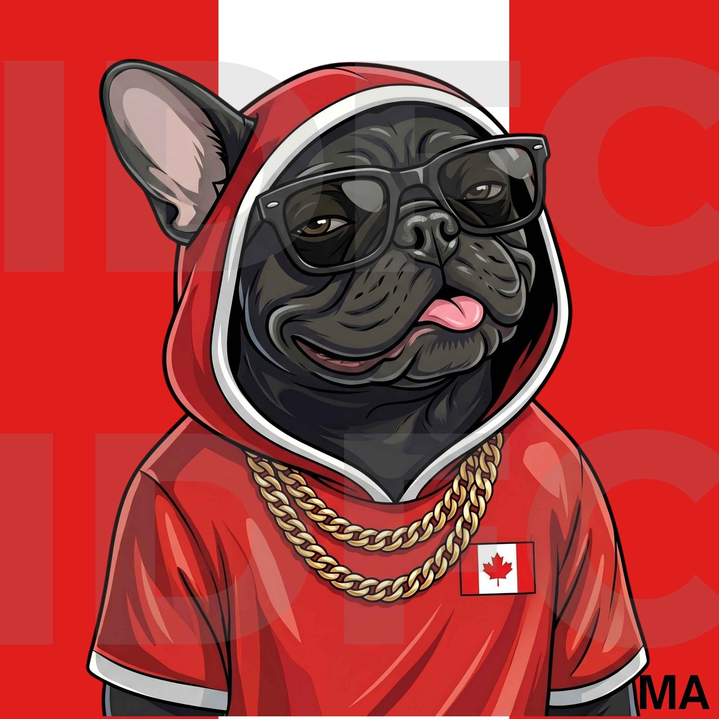 The Maple Drip, a French bulldog in Canada-inspired clothing