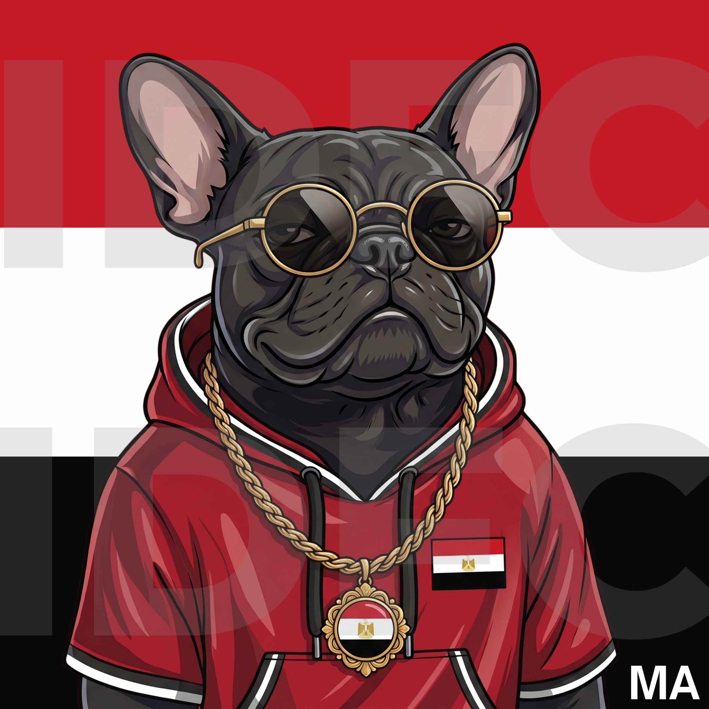 The Pharaoh, a French bulldog in Egypt-inspired clothing