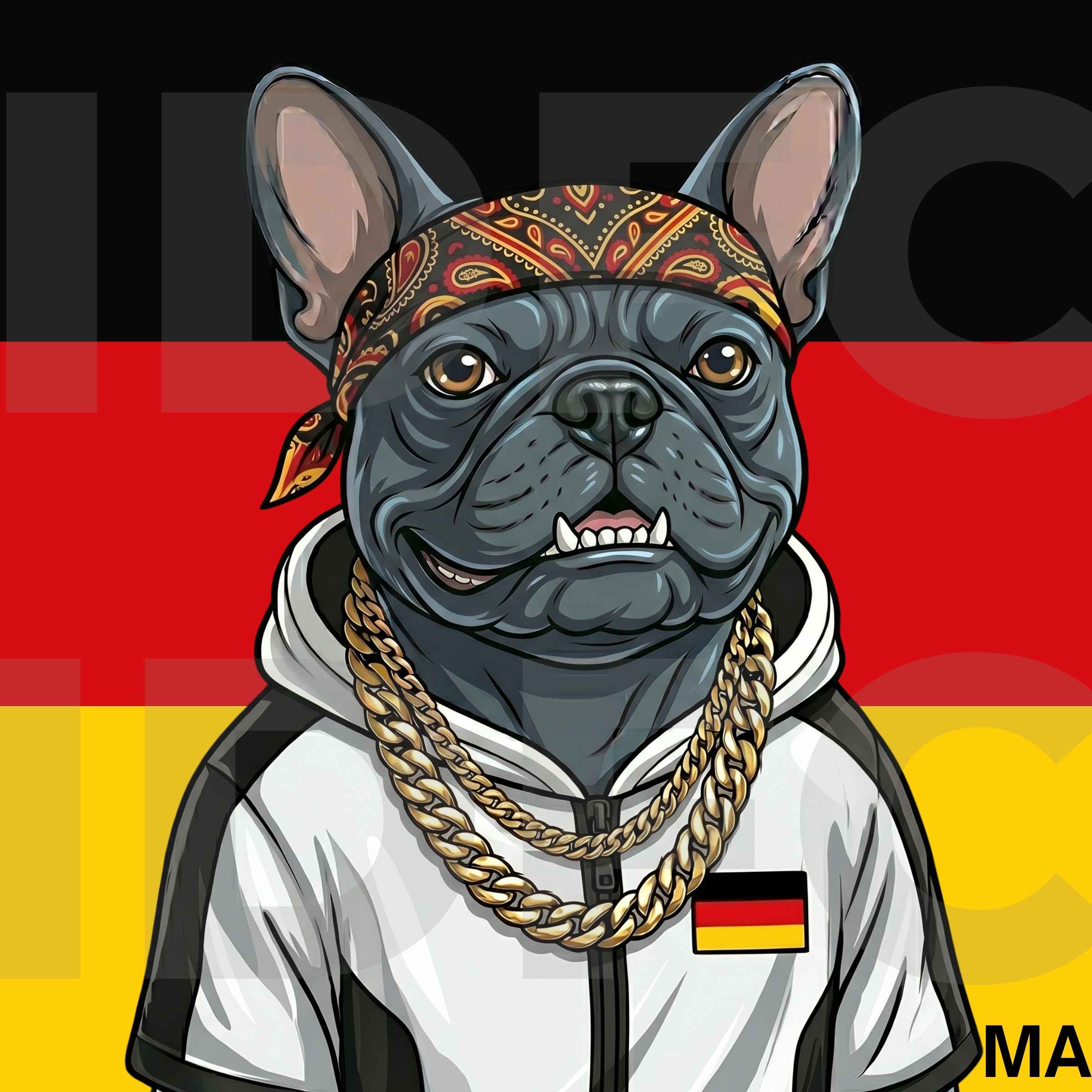 Der König, a French bulldog in Germany-inspired clothing