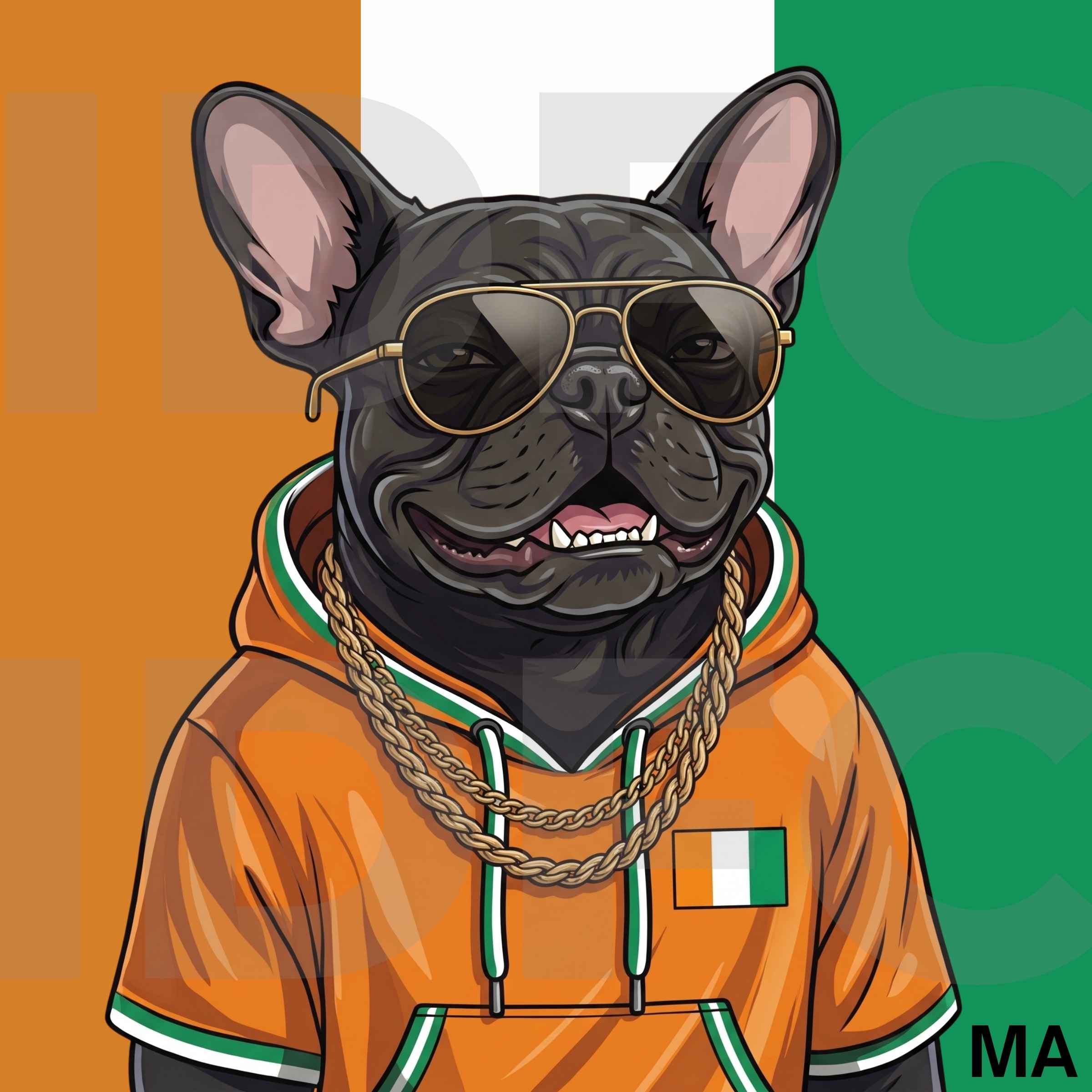 The Elephant, a French bulldog in Ivory Coast-inspired clothing