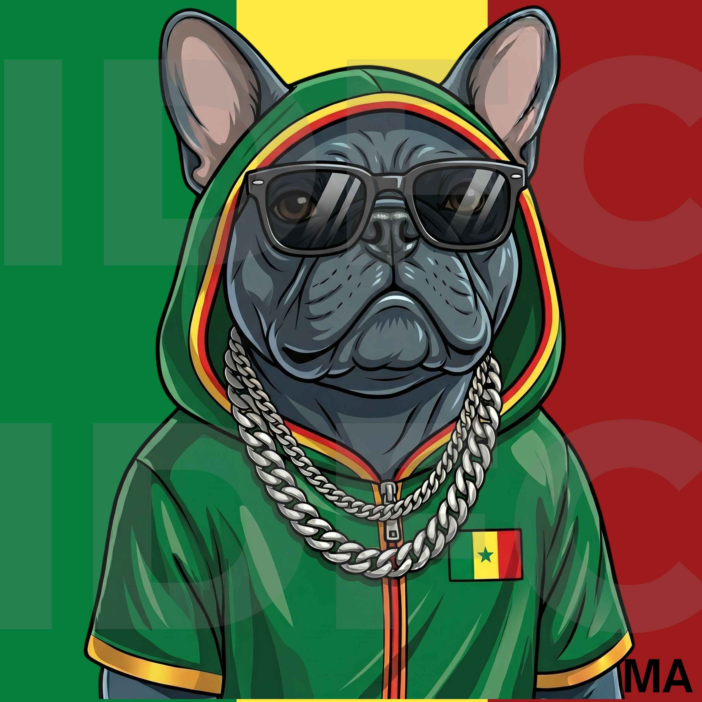 The Warrior, a French bulldog in Senegal-inspired clothing