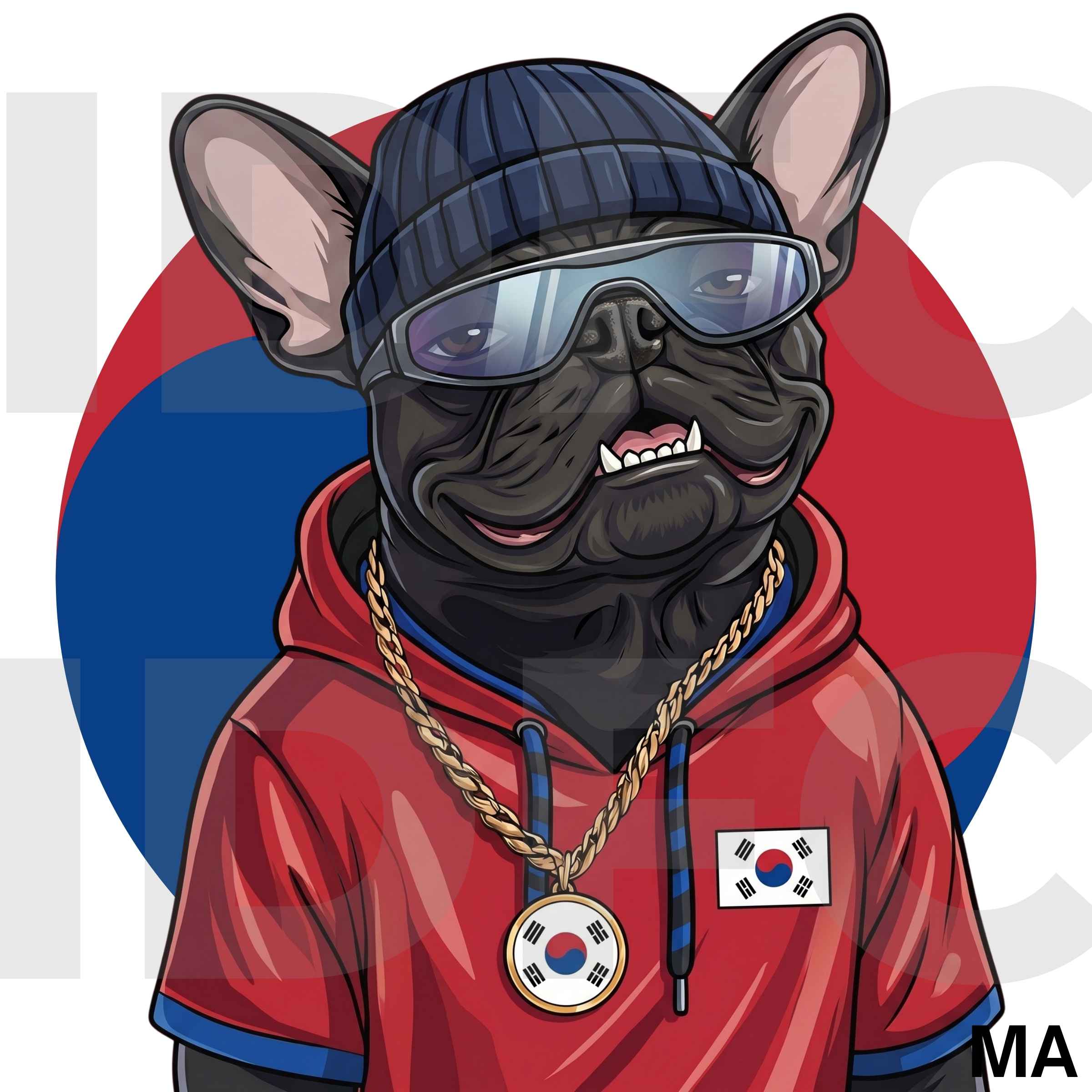 The Tiger, a French bulldog in South Korea-inspired clothing